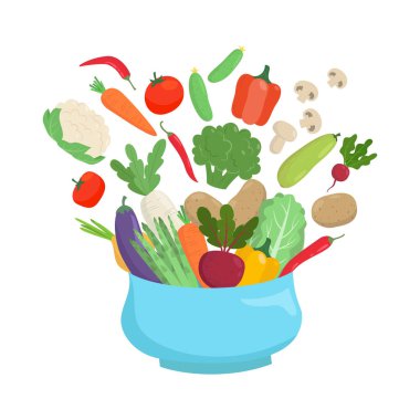 Renkli sebzelerle dolu bir kase. Sağlıklı beslenme konsepti. Vektör illüstrasyonu.