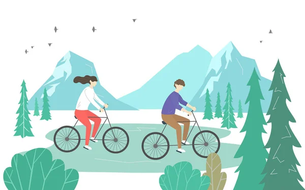 男人和女人骑自行车在山上 山区旅游 健康的生活方式 病媒图解 — 图库矢量图片