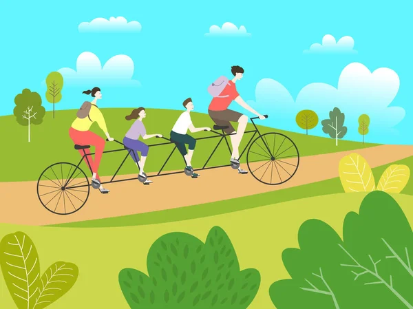 Famiglia Felice Sella Una Bicicletta Tandem Con Quattro Posti Sedere — Vettoriale Stock