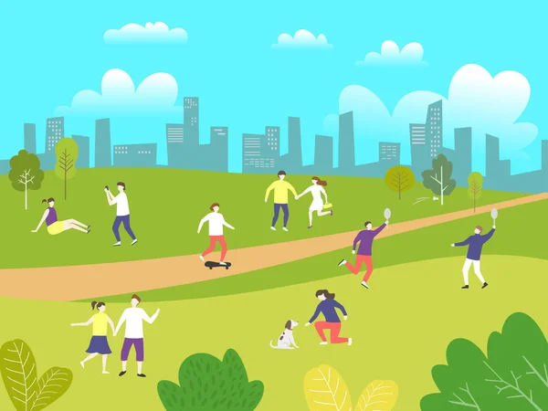 Emberek Sétálnak Parkban Aktív Egészséges Életmód Koncepció Vektorillusztráció — Stock Vector
