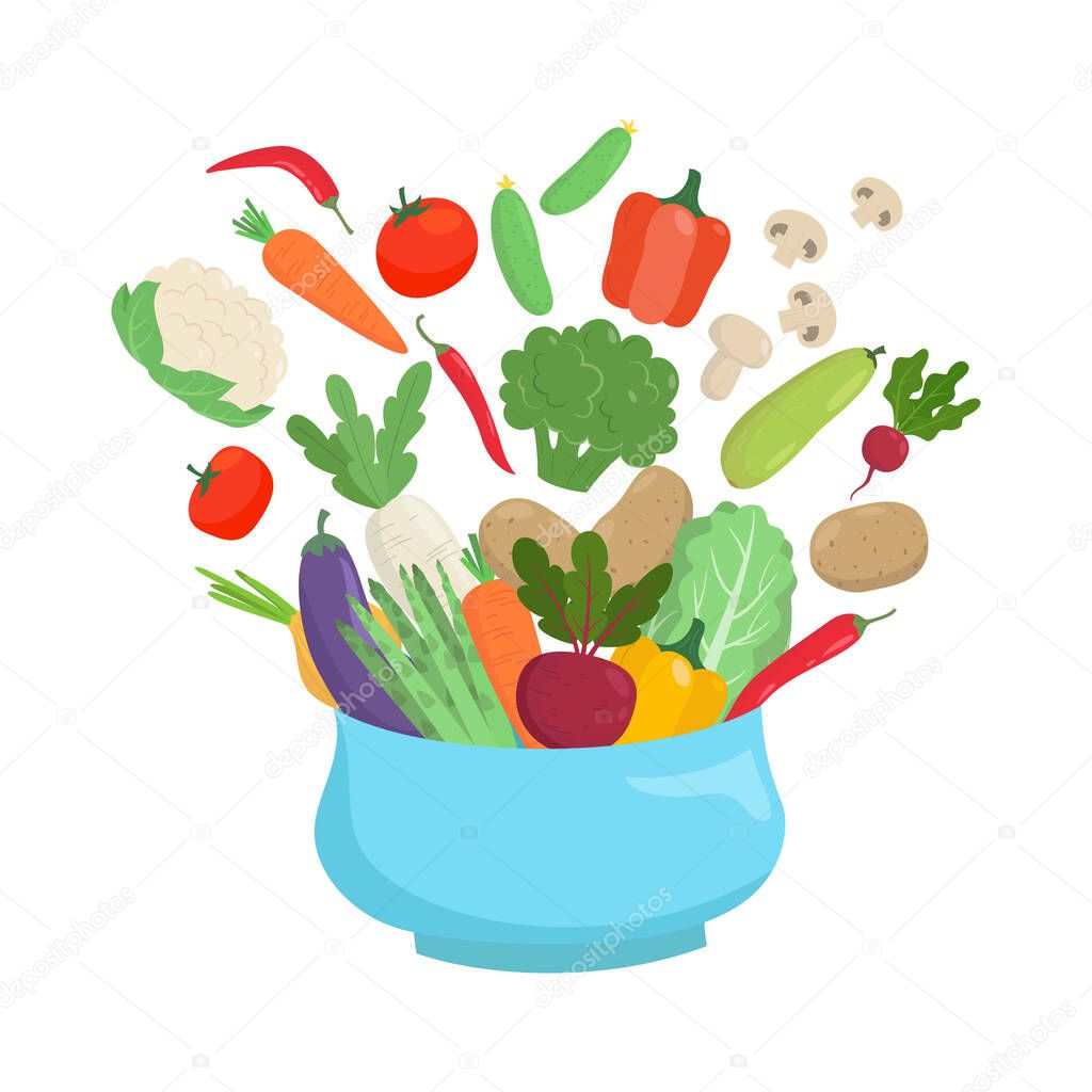 Bowl with colorful vegetables. Healthy eating concept. Vector illustration.