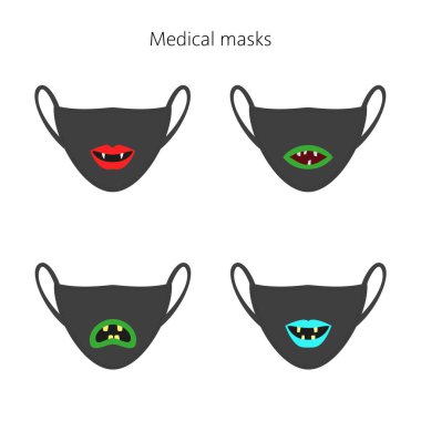 Dudakları farklı tıbbi maskeler. Vektör illüstrasyonu.