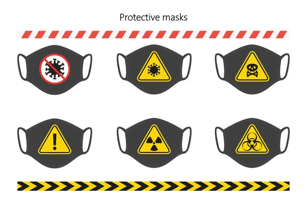 Set Topeng Pelindung Dengan Tanda Tanda Bahaya Dan Label Peringatan - Stok Vektor