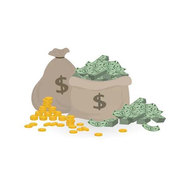 Tas Uang Dan Bundel Uang Dengan Koin Emas Konsep Bisnis - Stok Vektor
