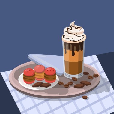 Kahveli ve kurabiyeli kahvaltı menüsü. Vektör illüstrasyonu