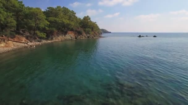 Vista aérea de la costa tropical con bosque denso y la bahía con el agua azul. Día soleado, filmado en 4K UHD — Vídeos de Stock