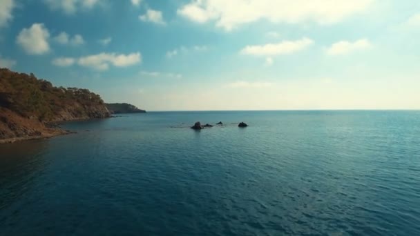 Aerial View of the Tropical Coast with Dense Forest and the Bay with the Blue Water. Sunny Day, Shot in 4K UHD — Stock Video