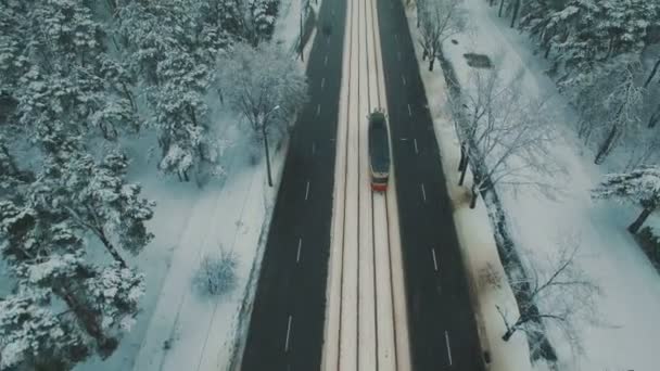 Above top view on winter forest road with cars and tram. Snowfall aerial drone footage — Stock Video