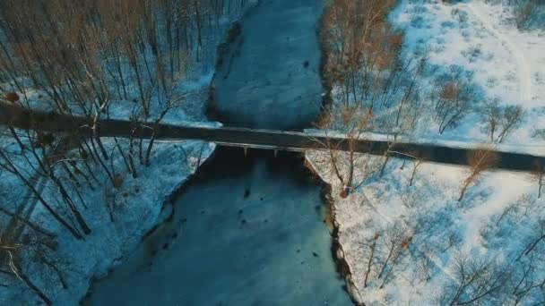 Kış orman dron görüntüleri donmuş gölde köprüden üzerinde havadan görünümü — Stok video