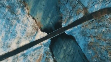 Kış orman dron görüntüleri donmuş gölde köprüden üzerinde havadan görünümü
