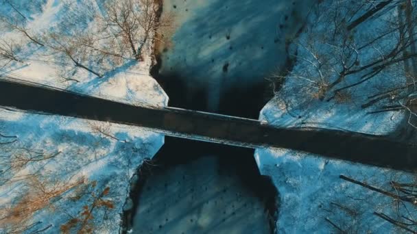 Aerial view on bridge across frozen lake at winter forest drone footage — Stock Video