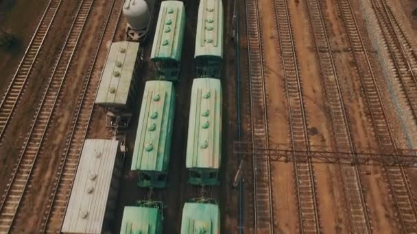 铁路堆场有很多铁路线和货运列车。空中 — 图库视频影像