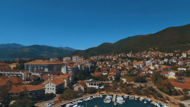 Aerial footage boats and yachts in the harbor Tivat. Montenegro — Stock Video