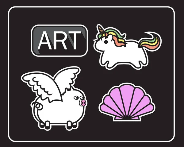 Unicorni, porc cu aripi, Shell, artă . — Vector de stoc