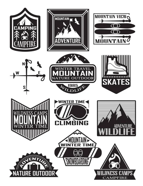 Иконы, логотипы, горнолыжный курорт, сноуборд, катание на коньках, горы . — стоковый вектор