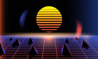Güneş, parlak, synth pop ışık kılavuz arka plan. Vektör Retro geri