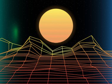 Güneş, parlak, synth pop ışık kılavuz arka plan. Vektör Retro geri