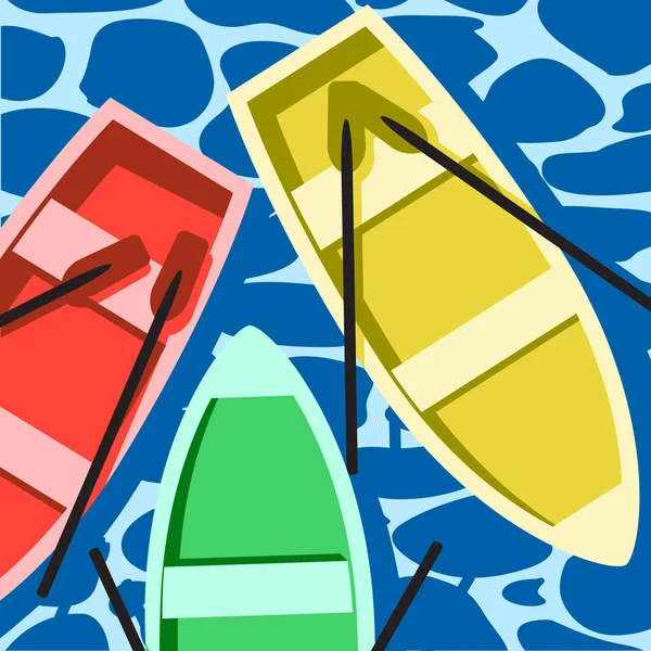 Fundo, água, três barcos de cores diferentes —  Vetores de Stock