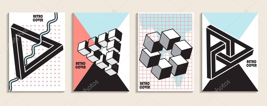 Placards with abstract liquid , 80s design elements. Retro art for covers, banners, flyers and posters. Esp10 vector illustration.