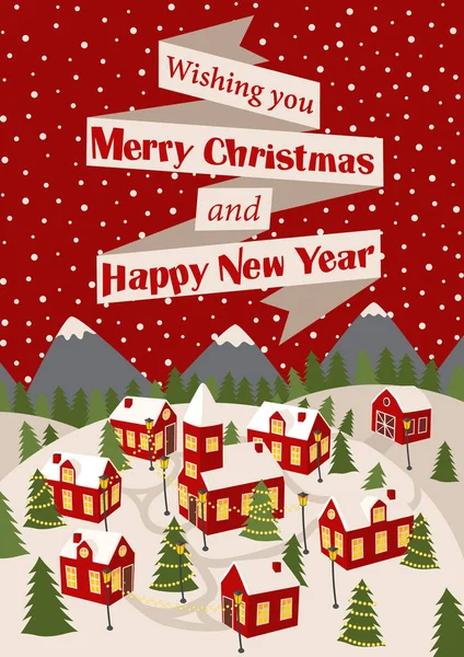 Carte postale du Nouvel An, et félicitations pour Noël. style rétro, couverture avec soirée ville — Image vectorielle