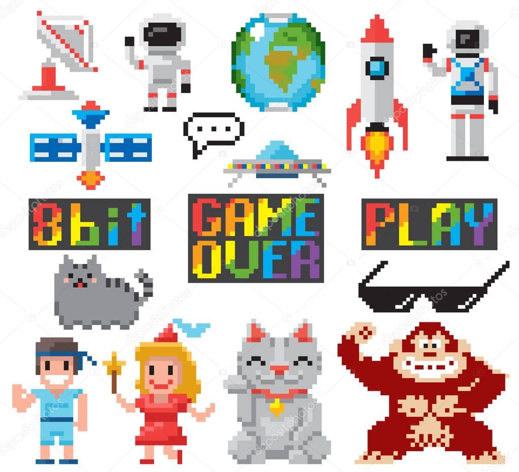 Set of minimalistic pixel art vector objects isolated. game 8 bit style minimalistic pixel graphic symbols group collection.