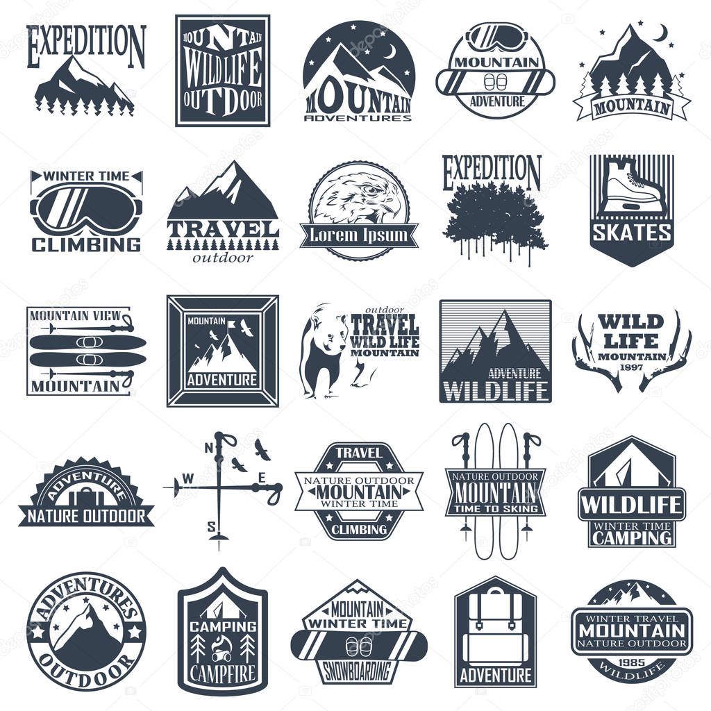 Emblems for design. mountains, resorts, camping, skiing, skating, wildlife, tourism