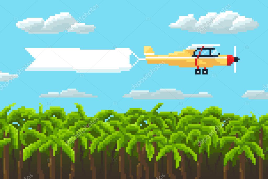 Airplane with poster and palm trees. pixel vector illustration.