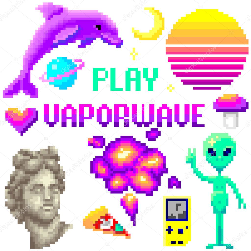 Pixel set, vaporwave, bright design for retro compositions, 8 bit games