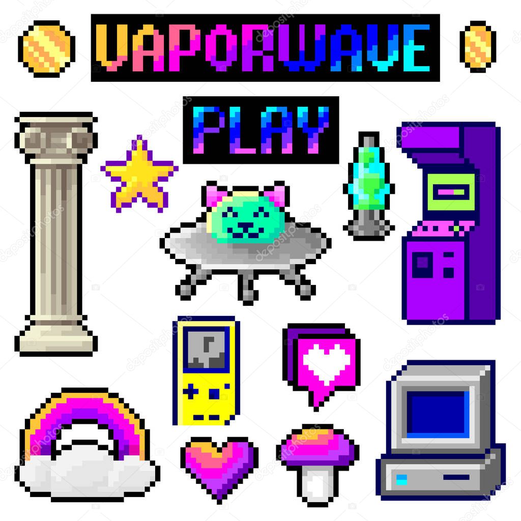 Pixel set, vaporwave, bright design for retro compositions, 8 bit games
