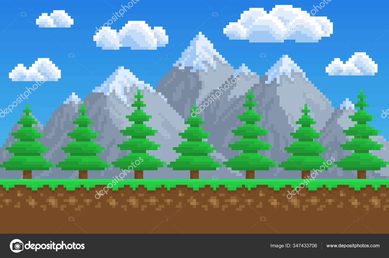 Pixel Art Game Background Grama Céu Nuvens Montanhas Pinheiros Árvore Vetor  de ©betti.luna.yahoo.com 347433706, image size:1600x1060