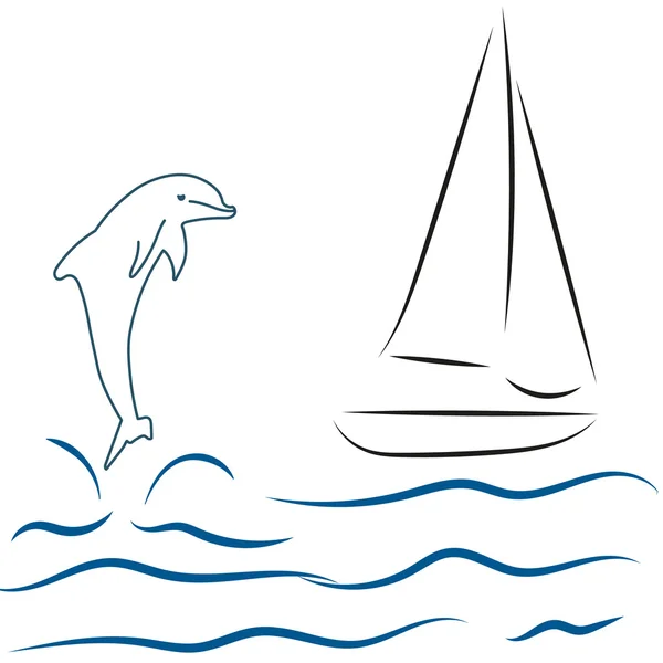 Sail boat sea and dolphin — Stock Vector