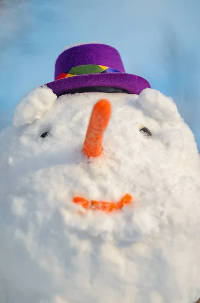 Sneeuwpop met paarse hoed. Facial portret — Stockfoto