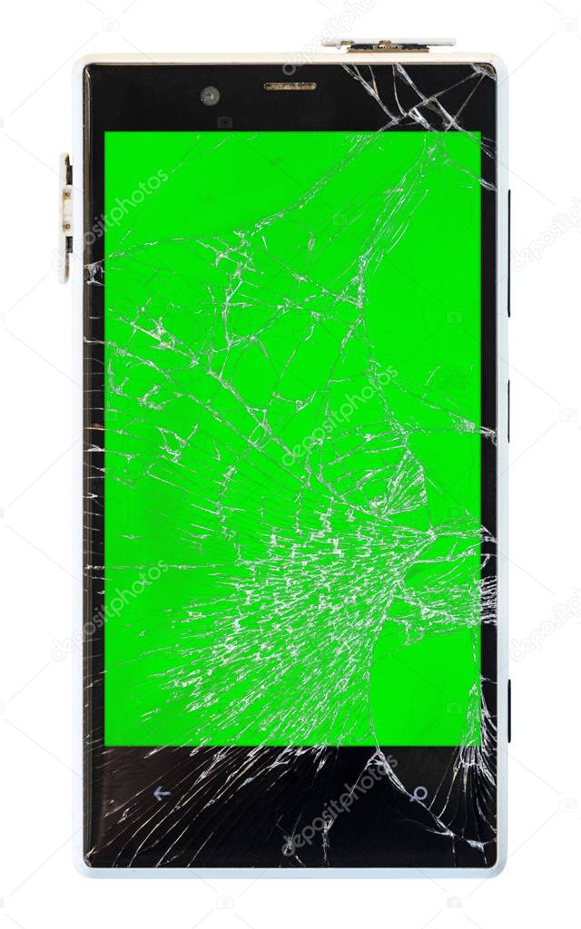 Smartphone with broken screen on white background