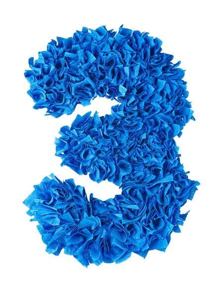 Tre. Handgjorda nummer 3 från blå skrotar papper — Stockfoto