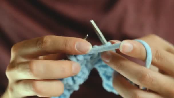 Jovem mulher malhas com agulhas circulares de tricô — Vídeo de Stock