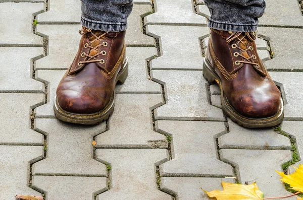 在灰色的水泥路面上的落叶中 棕色靴子的腿 在秋季公园漫步 — 图库照片
