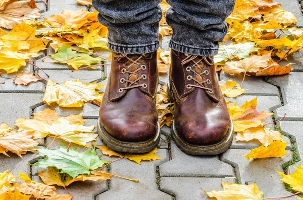 在灰色的水泥路面上的落叶中 棕色靴子的腿 在秋季公园漫步 — 图库照片