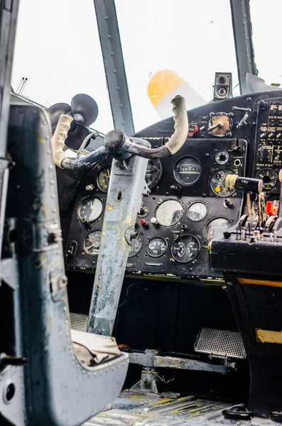 Interno Cabina Pilotaggio Aereo Vintage Cockpit Vecchio Biplano — Foto Stock