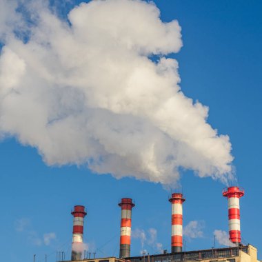 Bitki boru duman karşı açık mavi gökyüzü ile.