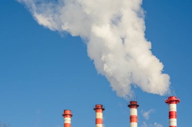 Bitki boru duman karşı açık mavi gökyüzü ile.