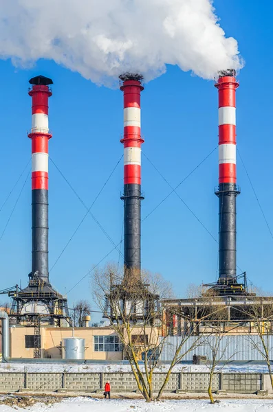 Central Térmica Durante Operación Invernal Las Chimeneas Altas Emiten Una — Foto de Stock