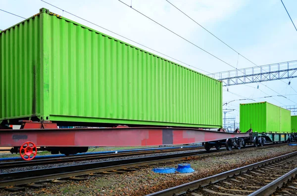 Transportation of cargoes by rail in containers. Railway infrastructure background