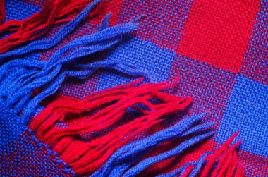 Blue and red checked scarf with fringe