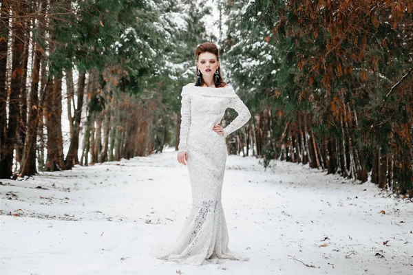 Sposa in un lungo abito nella foresta in inverno — Foto Stock