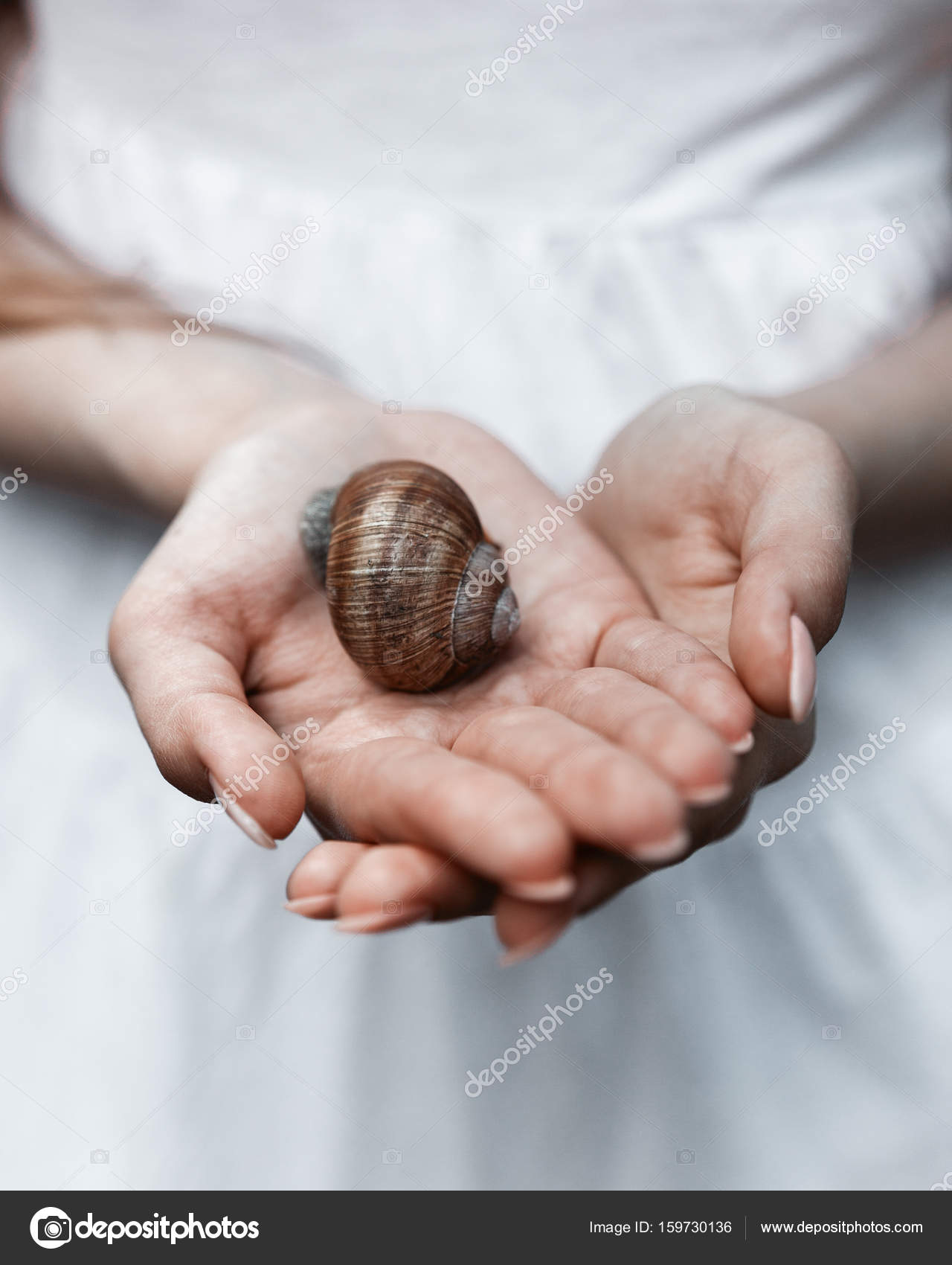 Lumaca sulle mani di una ragazza in un vestito bianco — Foto Stock