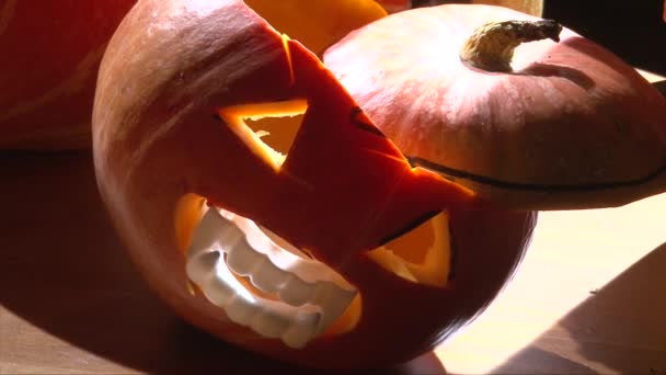 Halloween Jack O Lantern with vampire teeth and fangs in the dark and light — Stock Video