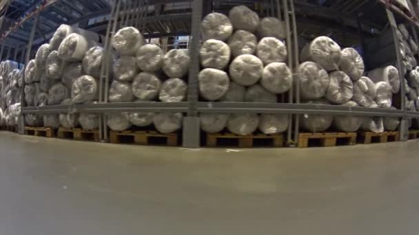 POV Cámara en carro de la compra moviéndose rápido en tienda de muebles entre estantes con cajas de cartón — Vídeo de stock