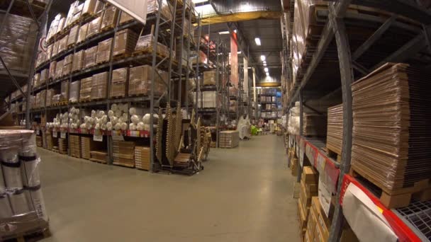 Smile Young Woman Rides Shopping Cart With Cardboard Boxes Forward To Camera, Have Fun In Furniture Store Warehouse Between Rows — Stock Video