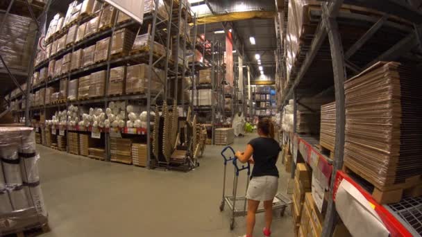 Young Girl In Mini Skirt In Furniture Store Put Cardboard Box To Shopping Cart And Rides Away Between Rows — Stock Video