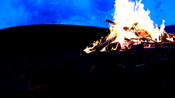 Großes Lagerfeuer auf dunklem Hintergrund, flache Aufnahme — Stockvideo